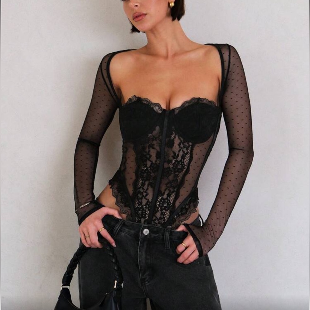 Sheer Lace Long-Sleeve Black Bodysuit